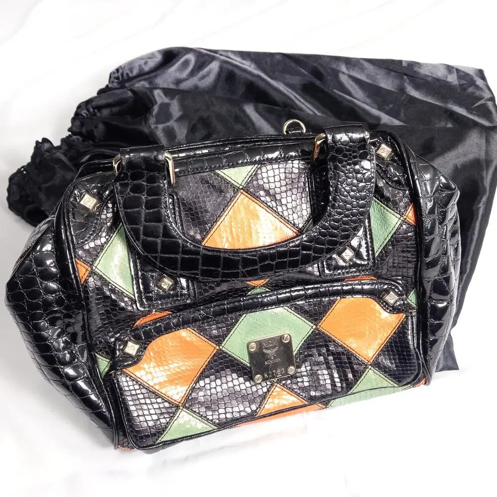 MCM Harlequin Satchel Bag Black Leather Y2K Maximalist Collector